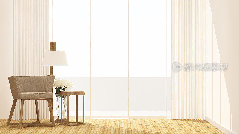 客厅和阳台白色背景的艺术品房出租或住宅-室内设计- 3D渲染